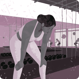 Illustration of a woman in sportswear leaning forward in a gym, catching her breath. Surrounded by exercise equipment and the bustling energy of others working out, she seems motivated by her personal trainers online guidance. The muted palette of purples and grays adds a calming touch.
