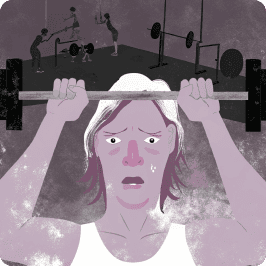 Illustration of a person lifting a barbell with a concerned expression, sweating, in a gym. A personal trainer provides guidance while other gym-goers lift weights in the background. The color palette is primarily shades of purple and gray.