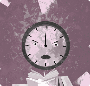 An abstract illustration of an angry clock face peers down sternly, as if a personal trainer in Sydney scrutinizing a workout. The background is textured purple, scattered with sheets of paper, while an open book lies beneath the clock’s intense gaze.