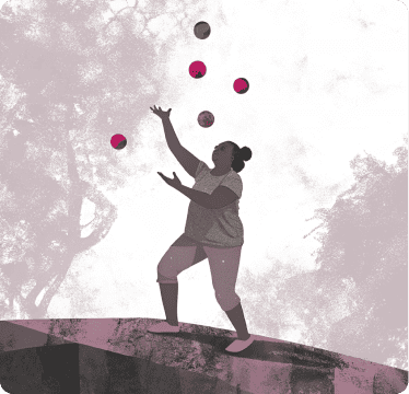 Silhouette of a person juggling five balls outdoors, each ball a shade of pink, against a textured Sydney backdrop with trees.