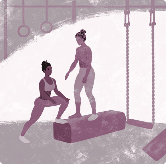 Two stylized individuals are engaged in fitness activities at a gym in Sydney. One is performing a step-up on a platform, guided by their personal trainer, while gymnastic rings and ropes provide an inspiring backdrop.